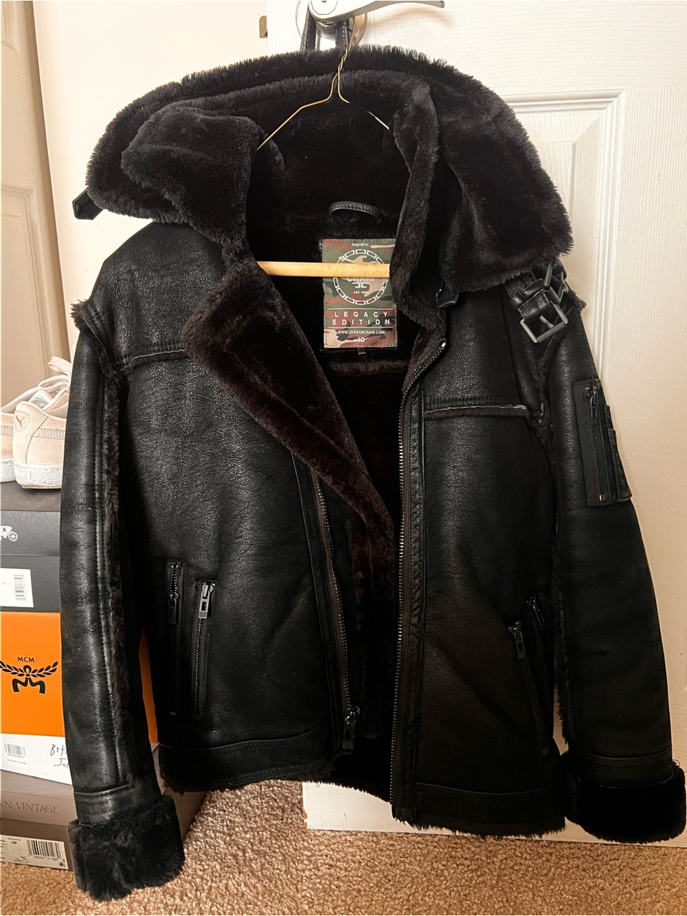 Boys size 10  Black Shearling-Lined Leather Jacket